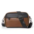 Detailed view of men's brown and black contrast crossbody camera bag with adjustable strap. - Crazy Horse Coffee