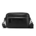 Black PU leather men crossbody shoulder bag, compact casual daily messenger bag detail view. - Leather Zipper Puller / Solid Black