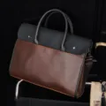Men's black brown PU leather business briefcase laptop bag horizontal handbag crossbody. - Coffee