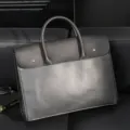 Men's leather business briefcase horizontal handbag classic grey document computer bag - Gray