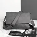 Men grey leather messenger bag, casual crossbody shoulder bag with wide strap and flap design. - Gray