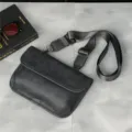 Retro men casual single shoulder chest bag detail view, dark grey PU leather with wide strap. - Gray