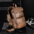 Men's retro leather chest bag casual multi-pocket sling backpack brown shoulder bag - Khaki