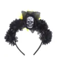 Close-up detail of Halloween skull headband featuring black roses and a bright yellow flower. - Black