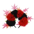 Detail shot of festive hair hoop featuring red black flowers and pink maple leaves decor. - Black Red