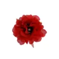 Close-up detail of red artificial fabric peony flower hair clip, vibrant floral hair accessory. - Red