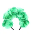 Close-up detail showing the vibrant green artificial fabric rose flower party headband. - Cyan
