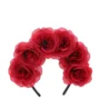 Red artificial rose floral hair hoop detail view, perfect for festival and party dress-up. - Red