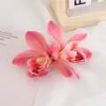 Double orchid artificial flower hair clip, bohemian vacation headwear for women detail. - Watermelon red