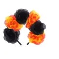 Close-up detail of Halloween black and orange artificial rose flower party headband accessory. - Black Orange Floral