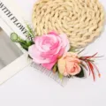 Artificial rose flower hair comb silver bridal hair accessory floral wedding headpiece - Pink