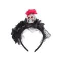 Halloween skull rose lace headband with sparkling red rhinestone eyes for party dress up. - Black