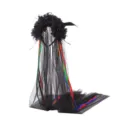 Black floral feather headband with long mesh veil and colorful ribbons for Halloween party. - Black