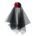 Red Black Rose Veil Hair Clip Halloween Witch Costume Headpiece Day of the Dead Party - Red and Black (Black Mesh)