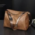 Men large capacity brown PU leather shoulder messenger bag casual travel crossbody bag - Khaki