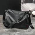 Trendy large capacity black leather messenger bag, casual crossbody shoulder bag for men. - Black