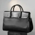 Black leather business briefcase for men large capacity shoulder messenger laptop bag - Solid Black