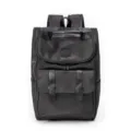 Black large capacity backpack detail view, durable waterproof fabric with front leather pockets. - Black