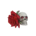 Gothic skull hair clip with red velvet rose and crystal eyes for Halloween party styling. - Red