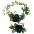 Bohemian dark green peony floral crown and matching wrist corsage set for resort wear. - Dark Green