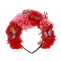 Detail shot of a floral headband featuring red peonies and butterflies for party dress up. - Red Peony