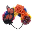 Floral butterfly headband detail shot, colorful fabric roses and monarch butterfly for party. - Black Rose Yellow Red Large Butterfly Headband A