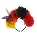 Detailed view of festival butterfly artificial flower headband with black rose and colorful blooms. - Orange Rose Black Orange Large Butterfly Headband A