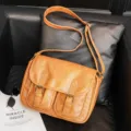Vintage brown leather crossbody messenger bag for women, retro style casual shoulder handbag. - Earthy Yellow