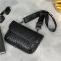 Black woven crossbody bag with wide strap, stylish men and women casual fashion shoulder bag. - Black