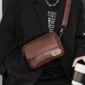 Men vintage brown leather messenger bag crossbody shoulder casual daily fashion bag. - Coffee