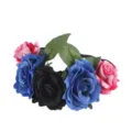 Floral rose crown headpiece for women, gothic party hair band and holiday hair accessory detailed view. - Black + Royal Blue + Pink