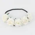 White rose floral elastic headband for bride party, faux fabric flower hair crown accessory. - Beige