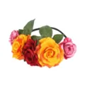Close-up detail of multi-color fabric rose flower crown headpiece with elastic band. - Dark Red + Orange + Pink