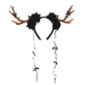 Halloween Christmas reindeer antler headband with black roses and green vines for party dress. - Black