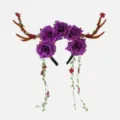 Christmas Halloween antler headband with purple roses and green vines for festival party wear. - Purple Irregular Rose