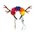 Close-up of colorful floral reindeer antler headband for holiday party festive dress up. - Rose Red Blue Orange Ball Flower Leaves