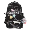 Black casual lightweight waterproof backpack with cute star patches and dog pendant for daily use - With Pendant (Backpack) / Black