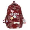 Stylish red casual backpack with fun star patches, embroidery and cute puppy plush pendant. - With Pendant (Backpack) / Red