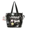 Black nylon tote bag with colorful embroidery, cute plush star and bone patches for daily use. - Without Pendant (Single Shoulder) / Black