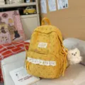 Yellow corduroy backpack with cute lace trim and bear pendant, stylish daily school bag for girls. - Small with Pendant / Yellow