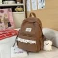 Brown corduroy backpack cute girlish school bag with lace pocket and bear embroidery ins style. - Small with Pendant / Brown