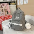 Cute grey corduroy backpack for teen girls, lightweight school bag with sweet lace trim. - Small with Pendant / Gray