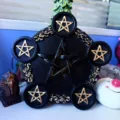Black resin pentagram candle holder, mysterious gothic altar decor and photography prop. - Disk Shape / Black Bronze