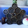 Detailed view of the resin pentagram altar tile and candle holder, vintage home decor prop. - Disk Shape / Bright Copper