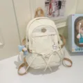 Casual large capacity canvas backpack cute school bag student commuter daypack for women - With Pendant / White