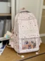 Sac à dos rose grand format style coréen avec motif étoiles, pendentif ours et poche transparente. - Imperméable avec Pendentif / Rose