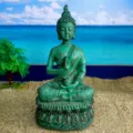 Detailed view of the Thai Shakyamuni Buddha resin figurine, vintage bronze finish, 16cm tall. - Turquoise