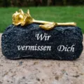 Memorial grave stone plaque with golden rose decoration, bereavement mourning decor for cemetery. - Black