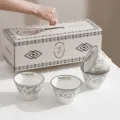 Ceramic rice bowl set with gift box, elegant floral pattern tableware for home kitchen. - Conical Bowl 4-Piece Gift Box Set