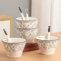 Ceramic bowl and spoon set, cute floral pattern design, ideal for rice, dessert and daily home use. - Small Fragrance Style Conical Bowl 4 Bowls 4 Spoons